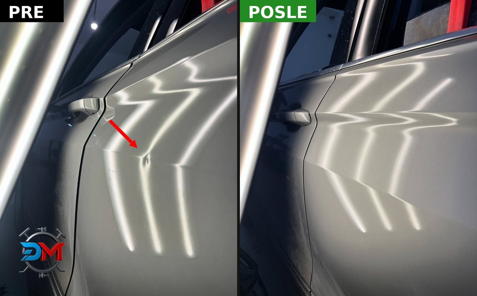 PDR popravka udubljenja na vratima - pre i posle - Dent Matrix Novi Sad